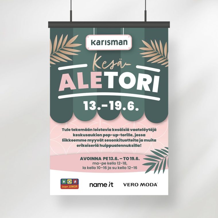 Mainostoimisto Queens Kauppakeskus Karisma kampanjailmeen suunnittelu, Kesä-ALEtori