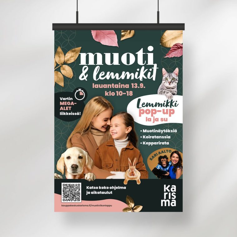 Mainostoimisto Queens Kauppakeskus Karisma kampanjailmeen suunnittelu, Muoti & Lemmikit