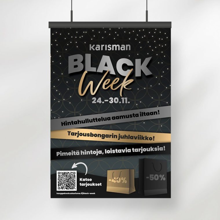 Mainostoimisto Queens Kauppakeskus Karisma kampanjailmeen suunnittelu, Black Week