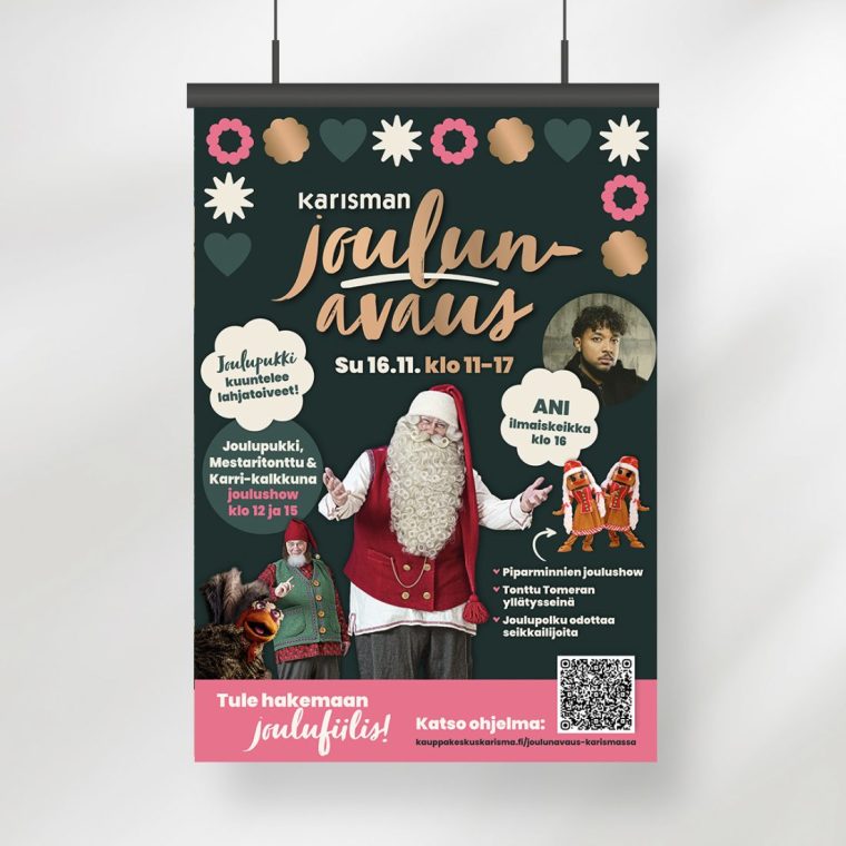 Mainostoimisto Queens Kauppakeskus Karisma kampanjailmeen suunnittelu, Joulunavaus