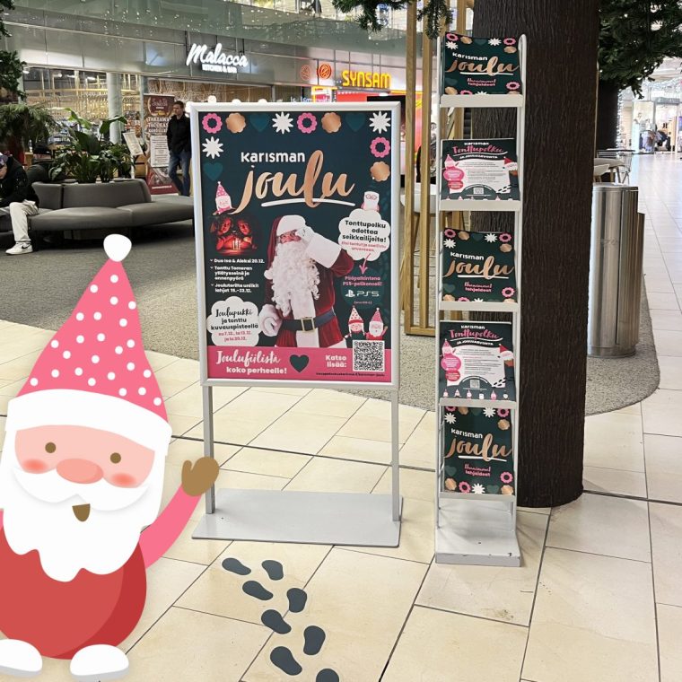 Mainostoimisto Queens Kauppakeskus Karisma kampanjailmeen suunnittelu, joulu ja tonttupolku